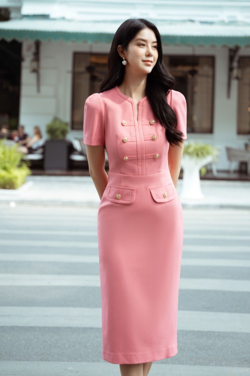 Sixdo Peach Pink Short Sleeves Midi Raw Dress